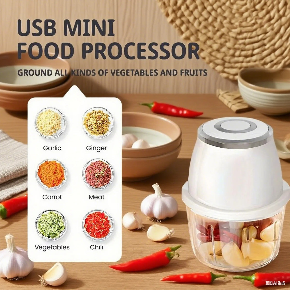 250ml Mini Electric Food Chopper – USB Rechargeable Garlic, Onion & Vegetable Cutter | Zinggal Qatar