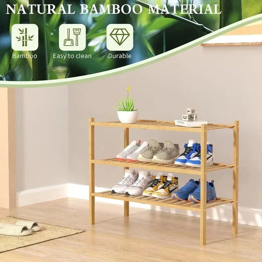 3-Tier Bamboo Shoe Rack | Wooden Shoe Storage Organizer for Entryway, Wardrobe & Closet