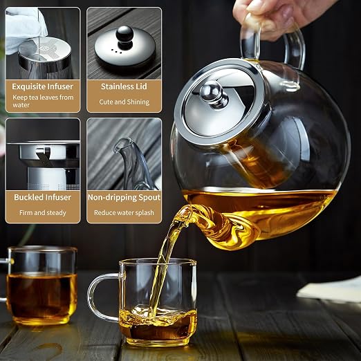 Glass Teapot with Stainless Steel with removeable Infuser ā Teapot blooming and loose leaf tea maker Kettle for camping-zinggal