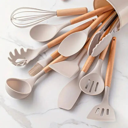 12-Piece Silicone Kitchen Utensil Set with Wooden Handles & Holder – Heat Resistant Cooking Tools for Non-Stick Cookware | Zinggal Qatar