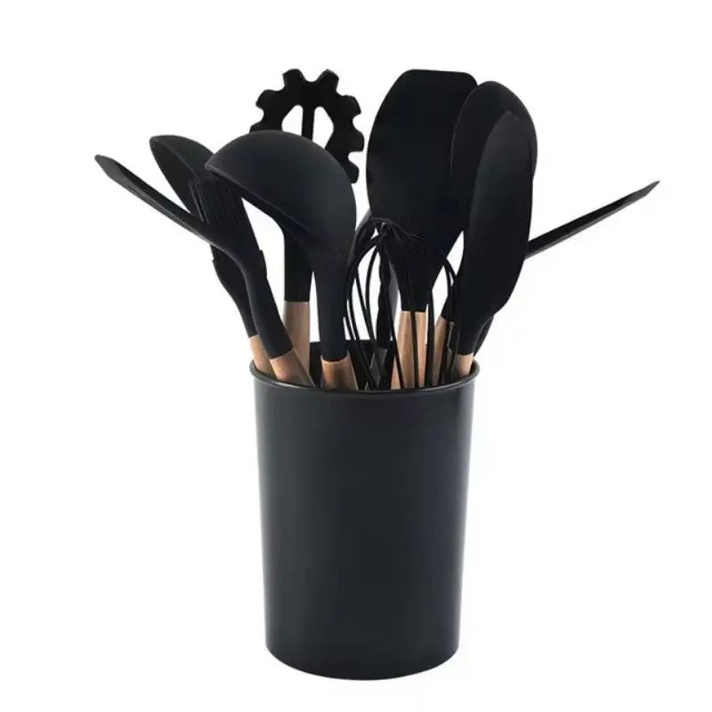 12-Piece Silicone Kitchen Utensil Set with Wooden Handles & Holder – Heat Resistant Cooking Tools for Non-Stick Cookware | Zinggal Qatar