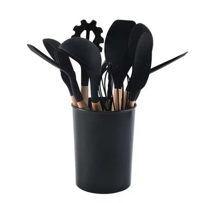12-Piece Silicone Kitchen Utensil Set with Wooden Handles & Holder – Heat Resistant Cooking Tools for Non-Stick Cookware | Zinggal Qatar
