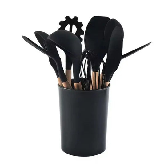 12-Piece Silicone Kitchen Utensil Set with Wooden Handles & Holder – Heat Resistant Cooking Tools for Non-Stick Cookware | Zinggal Qatar