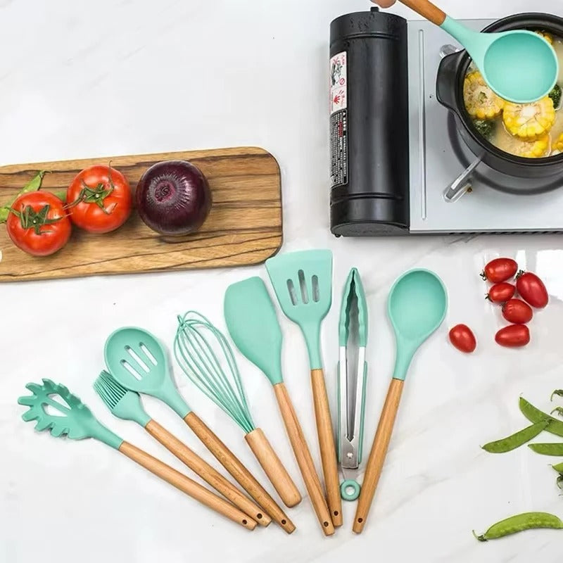 12-Piece Silicone Kitchen Utensil Set with Wooden Handles & Holder – Heat Resistant Cooking Tools for Non-Stick Cookware | Zinggal Qatar