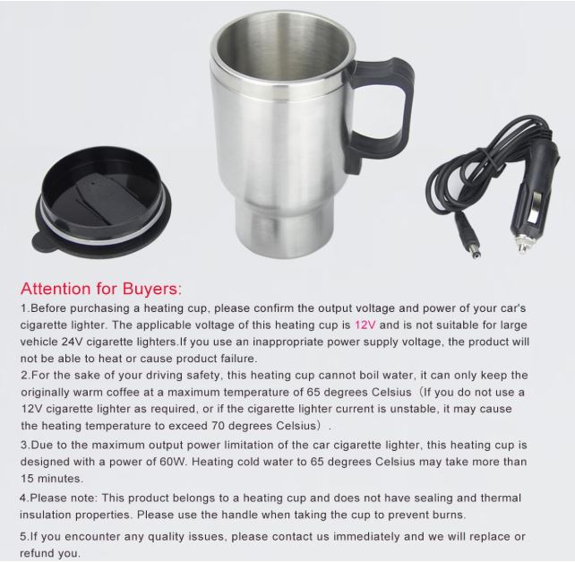 12V Car Heating Cup 450ml – Stainless Steel Heated Travel Mug-zinggal