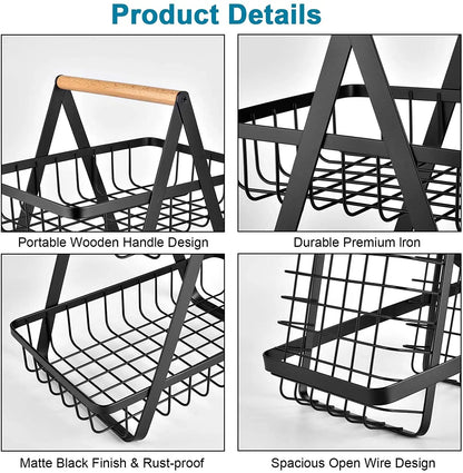2-Tier Metal Fruit Basket | Countertop Fruit, Vegetable & Bread Storage Organizer