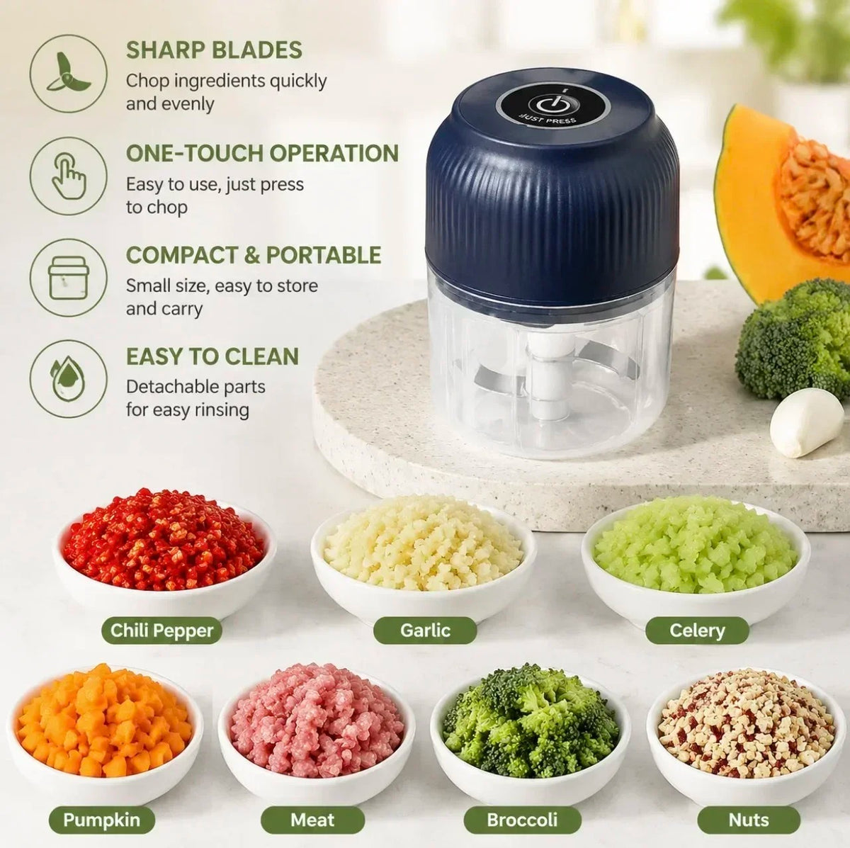250ml Mini Electric Food Chopper – USB Rechargeable Garlic, Onion & Vegetable Cutter | Zinggal Qatar