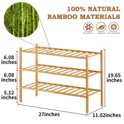 3-Tier Bamboo Shoe Rack | Wooden Shoe Storage Organizer for Entryway, Wardrobe & Closet