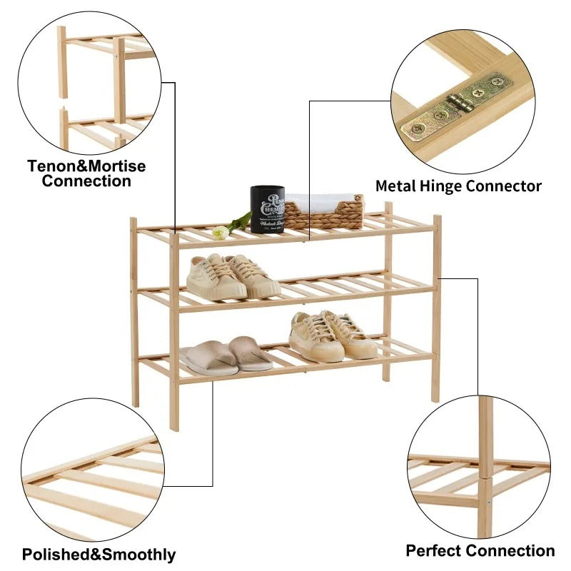 3-Tier Bamboo Shoe Rack | Wooden Shoe Storage Organizer for Entryway, Wardrobe & Closet