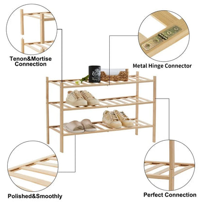 3-Tier Bamboo Shoe Rack | Wooden Shoe Storage Organizer for Entryway, Wardrobe & Closet