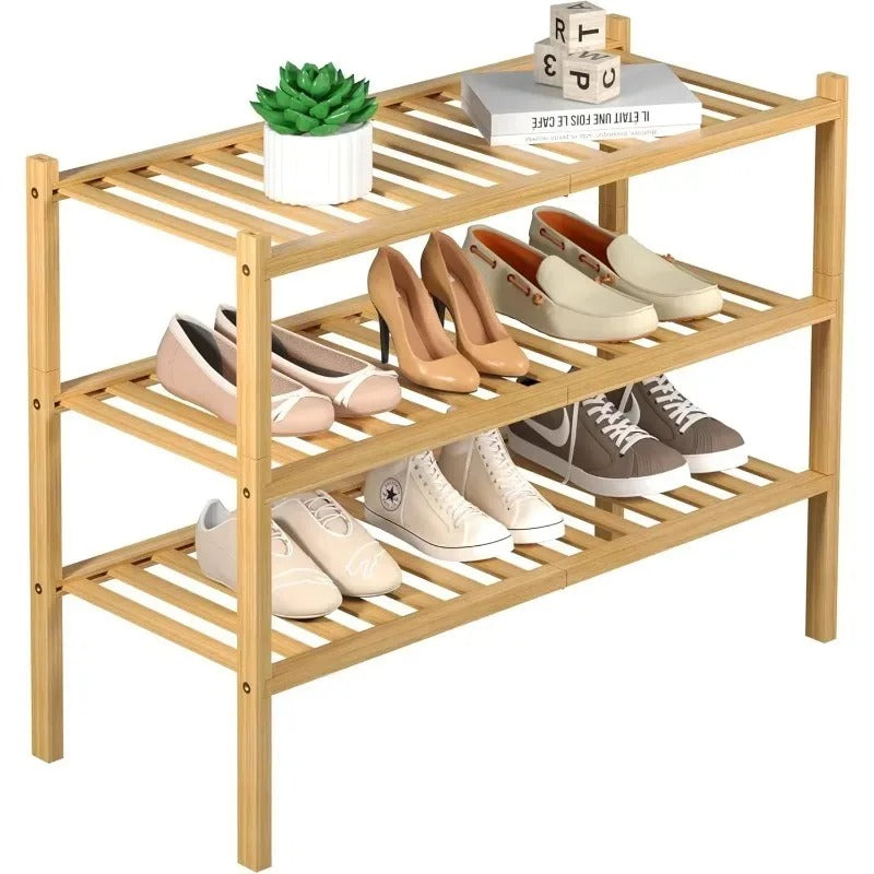 3-Tier Bamboo Shoe Rack | Wooden Shoe Storage Organizer for Entryway, Wardrobe & Closet