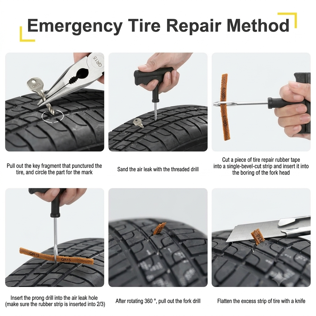 5-Piece Tubeless Tire Repair Kit | Motorcycle, Car & Truck Tire Puncture Repair Tool with Rubber Plugs