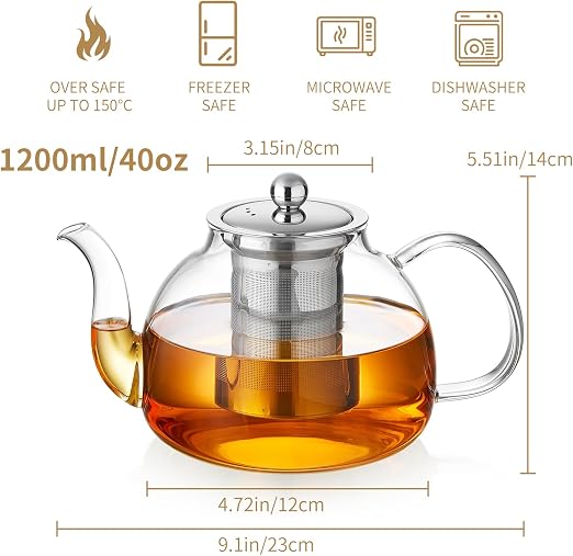 Glass Teapot with Stainless Steel with removeable Infuser – Teapot blooming and loose leaf tea maker Kettle for camping-zinggal