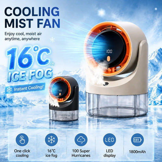 Water Mist Fan with Humidifier Function 360° Adjustable Desktop Fan with LED Display 100Speeds 16°C Ice Fog 1800mAh Battery Life