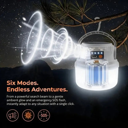 Solar Camping Light Portable LED Lamp Type-C Rechargeable 6 Modes Waterproof S-Hook Tent Hiking Garden Emergency Atmosphere Lamp