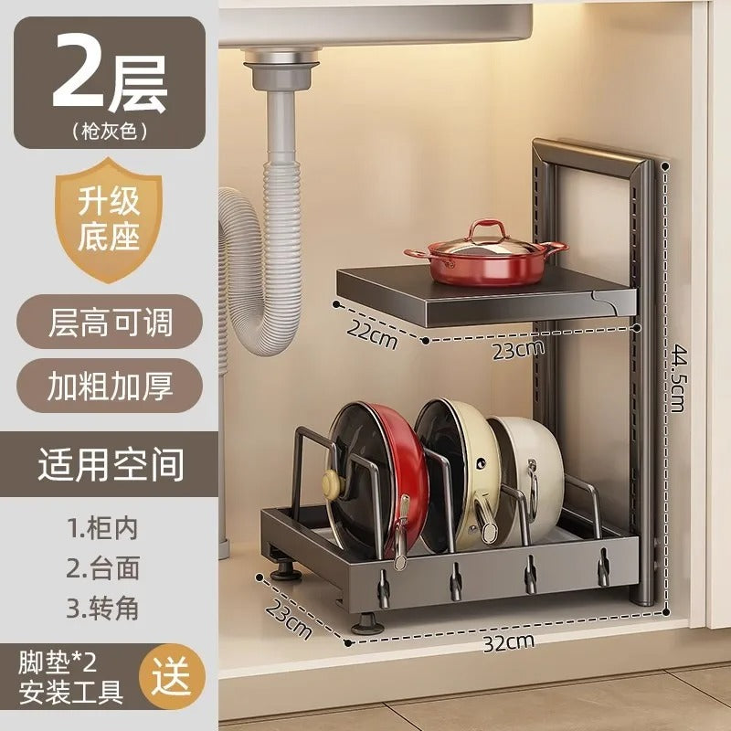 Space Saving Kitchen Pot Rack Organizer | Under Sink Cabinet Cookware Storage Shelf & Pan Holder